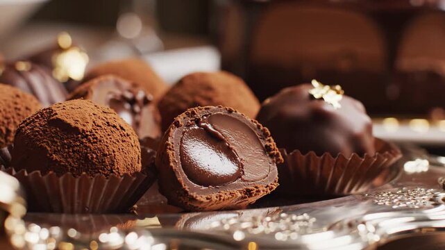 Assorted chocolate truffles with cocoa powder dusting and rich ganache center on a silver tray