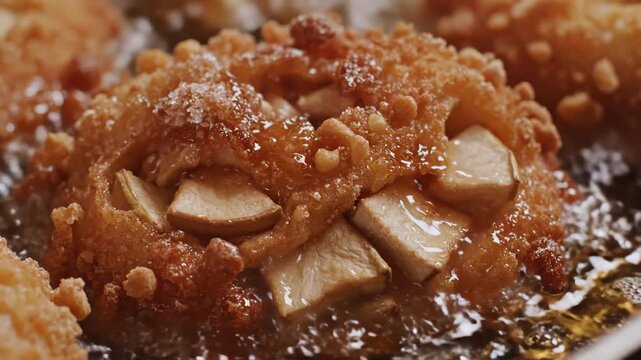 Close up of a delicious apple fritter pastry frying in hot bubbling oil at a bakery