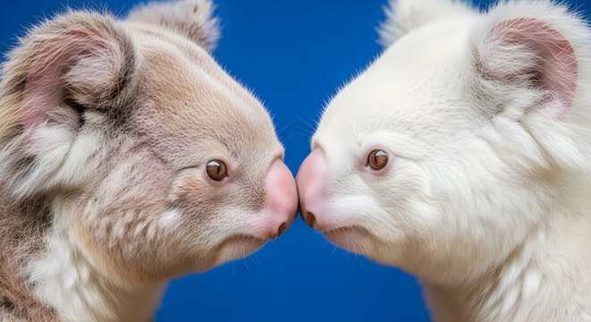 Close up of two koalas facing each other one grey and one white against a vibrant blue backdrop wildlife portrait
