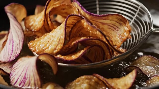Close-up of vibrant purple taro chips frying in hot oil, becoming crispy and golden