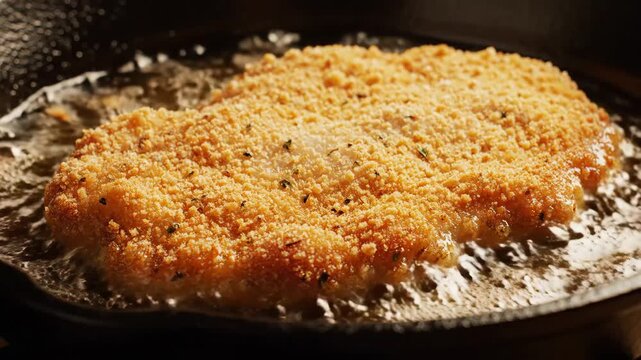 Crispy breaded meat cutlet frying in hot bubbling oil inside a seasoned cast iron skillet