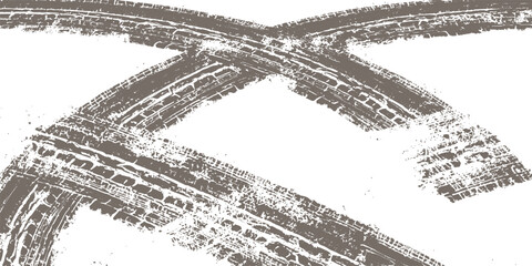Fototapeta premium Grunge tire tracks abstract background with intersecting dirty mud trails and textured off-road vector illustration.
