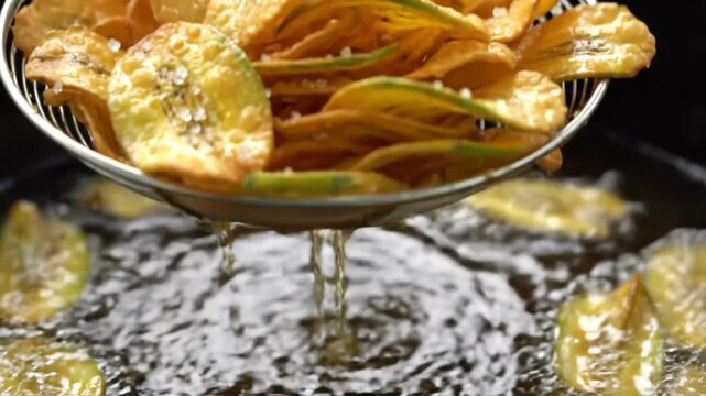 Crispy plantain slices frying in hot oil and being scooped out with a metal strainer