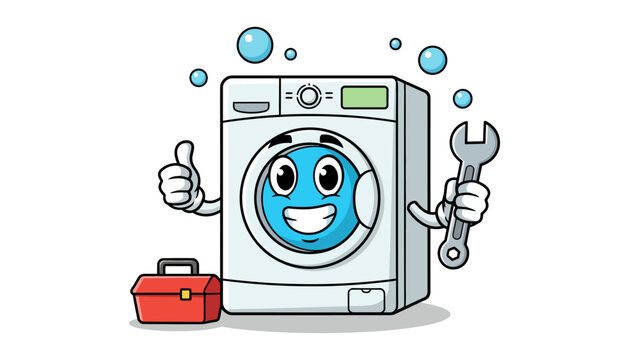 Cartoon washing machine character holding wrench next to toolbox with character