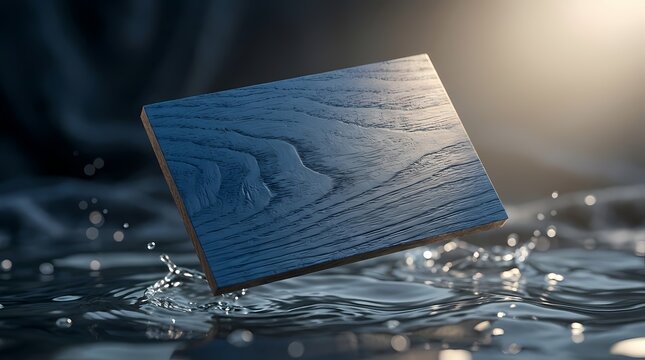Blue wood sample splashes into water with dramatic lighting