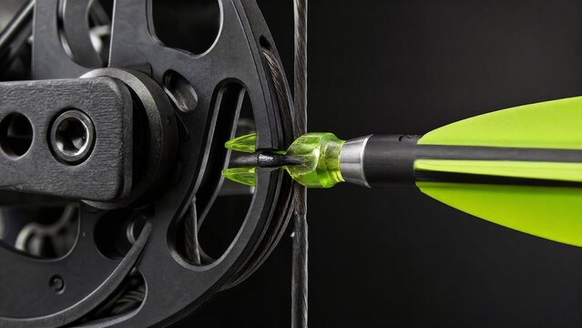 Compound bow's cam and string groove with an arrow nocked, close-up.