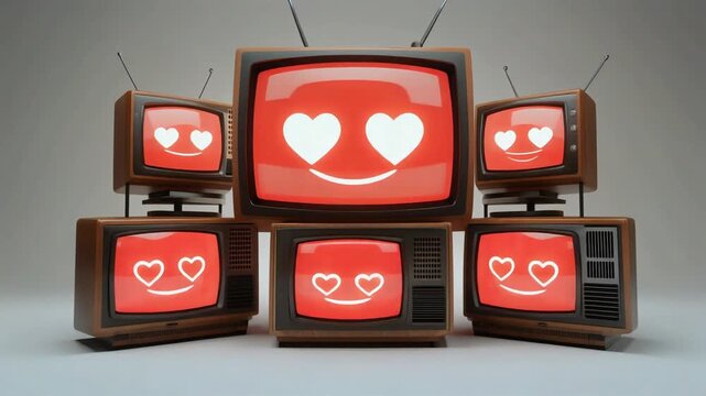 Vintage televisions displaying heart shaped love emoticons on glowing screens in a creative digital motion animation video loop project