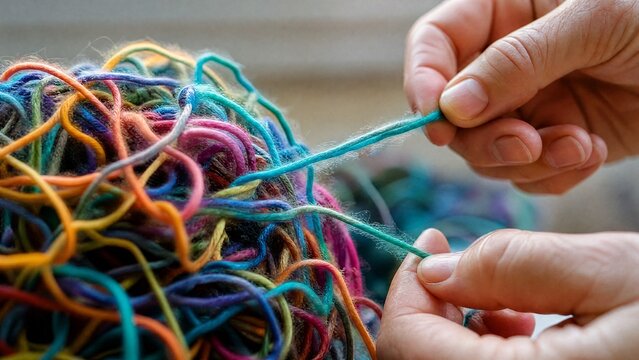 Close-up of colorful yarn being untangled from a complex knot.