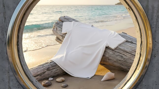 Blank white t-shirt on driftwood at sandy beach, framed by circle