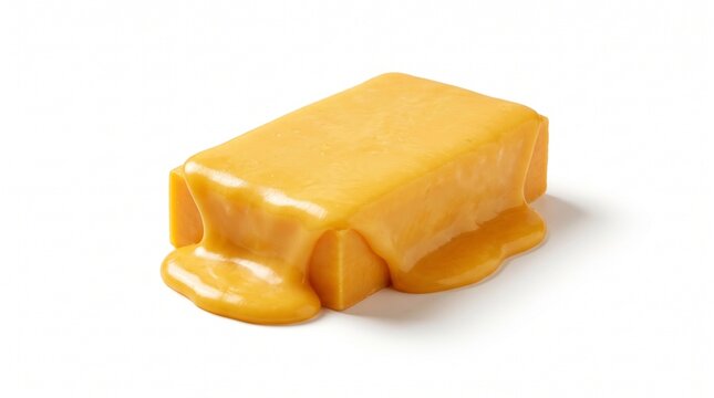 Melting block of cheese on white background