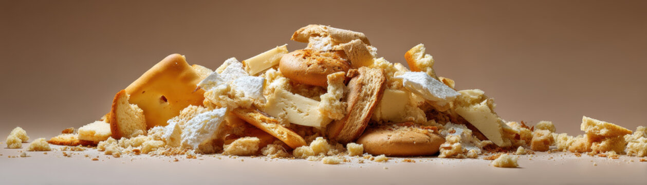Food waste background crumbly cookie pile dessert crumb scattered bakery leftover snack pile food scrap sweet pastry crumble texture brown surface