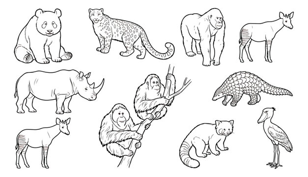 Endangered wild animals line art set, 11 wildlife vector icons, coloring book animal illustrations