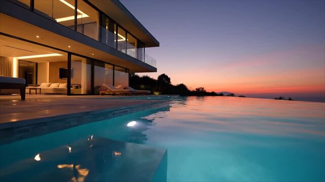 A modern house with a large infinity pool overlooks the ocean at sunset.
