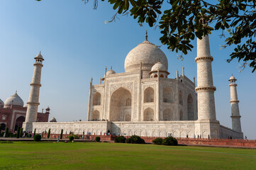 Obraz premium Taj Mahal white marble mausoleum framed by tree branches under a hazy sky, iconic Mughal architecture and symmetry, Agra, India