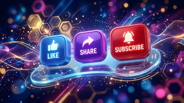 Social media buttons featuring like share and subscribe icons floating over a futuristic glowing digital background with abstract light effects