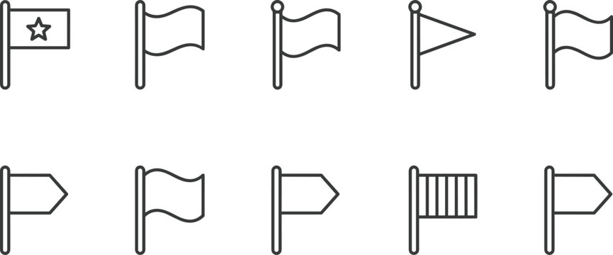 Flag marker and location banner line icon set with pennant flagpole national country milestone symbols