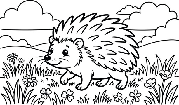 Hedgehog in meadow line art illustration. Forest Animals Svg. Cute and friendly cartoon forest animals in a meadow, a sweet line art illustration perfect for children's books, nursery designs, and col