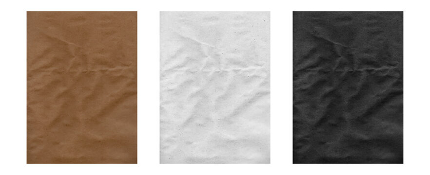 Set of crumpled paper sheets. Brown black and white folded cardboard bg . Winkle craft texture with dust grain pattern. Torn antique page or parchment. Horizontal old rough realistic vector carton