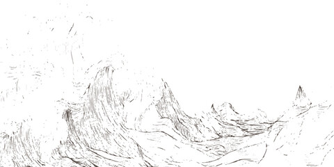 Hand drawn sketch of giant ocean waves, stormy sea landscape drawing template vector graphic illustration. © Artful