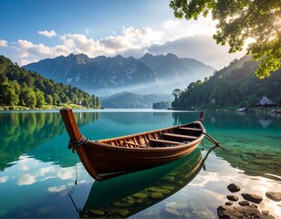 Obraz premium Wooden boat on serene lake reflecting mountains and lush greenery