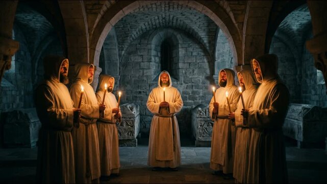 Monks Praying Romanesque Arch Cathedral Slow Motion Loop