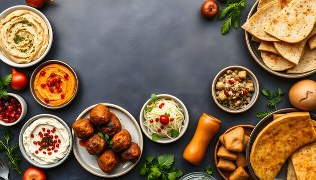 Assorted Middle Eastern and arabic dishes on a dark rustic background,border. Hummus,tabbouleh, salad Fattoush,pita,meat kebab,falafel,baklava,pomegranate. Halal food.Top view, flat lay, copy space.