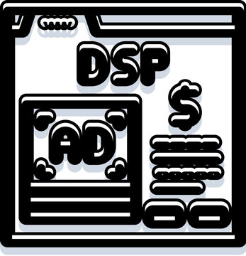 Demand side platform screen illustrating programmatic advertising and digital marketing strategies, featuring an ad creative and financial symbols representing cost effective media buying