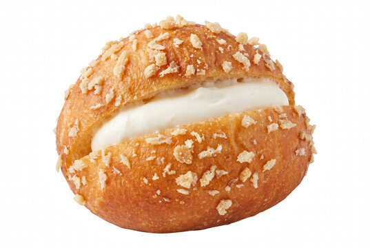 Golden Brown Pastry Bun Filled with Rich White Cream and Crumb Topping