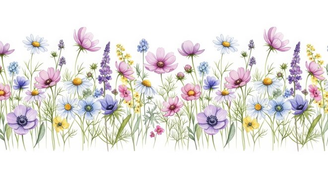 Horizontal border of purple cosmos and blue anemone flowers with daisies isolated on a pure white background for web page headers