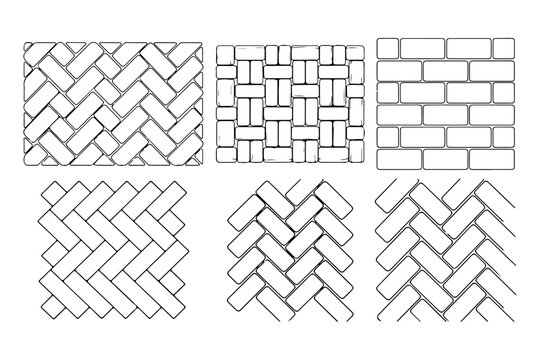 Outdoor Paving Pattern Set Herringbone Basket weave Running Bond Monochrome Outline Textures Illustration