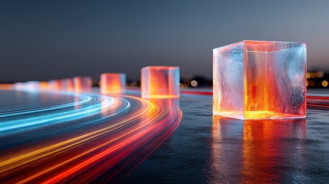 Illuminated cubic structures align along a curved path displaying flowing energy streams at twilight