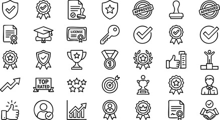 Business quality and achievement hand-drawn line icon set with achievement business certificate checkmark © MINA