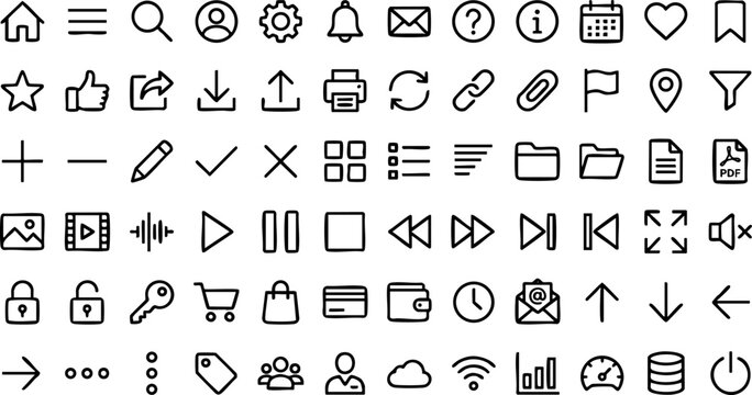 Universal user interface and media control icon set for web and app development with interface, navigation