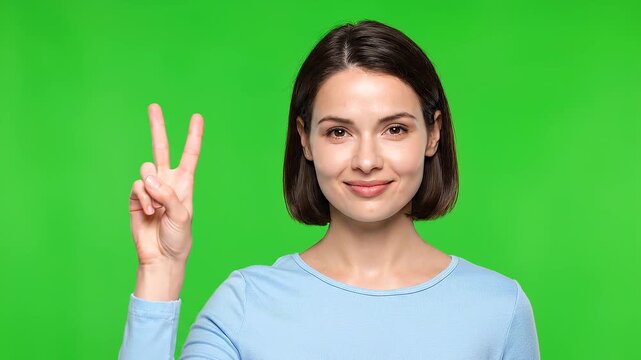 Woman in Green Studio with Peace Sign Gesture