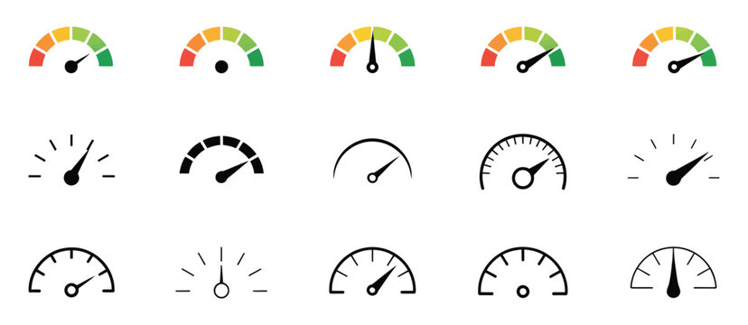Speedometer Icon Set Featuring Speed Indicator, Gauge, Dashboard, Tachometer, Scale, and Arrow Symbols, Vector Illustration for Automotive, Technology, and User Interface Design