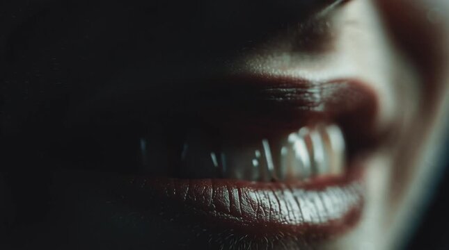 Close up of a woman's mouth with sharp vampire fangs and dark red lipstick