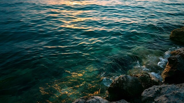 Picturesque emerald green sea reflecting the golden light of the hour creating a serene and wanderlust inducing seascape