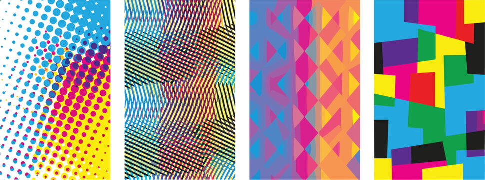 Abstract geometric banners vector flat illustration set featuring colorful modern vertical backgrounds with halftone patterns crosshatch lines triangles and patchwork shapes