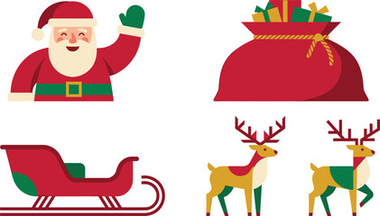 Fototapeta premium Christmas winter holiday vector flat icon set featuring cute cartoon illustrations like waving Santa Claus big red gift bag sleigh and reindeer elements