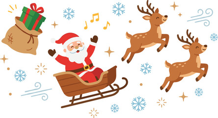 Fototapeta premium Cute Christmas vector doodle illustration set featuring cartoon Santa Claus in wooden sleigh flying reindeer sack of gifts snowflakes and musical notes icons