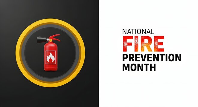 National Fire Prevention Month graphic with fire extinguisher