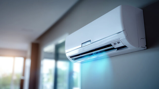modern white air conditioner unit on a wall emits cool blue air, AI generated