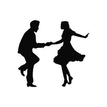 Silhouette of a dancing couple 1950s style isolated on transparent background