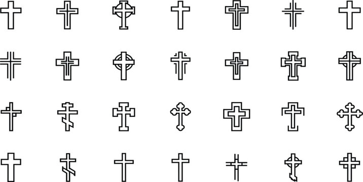 Christian Cross Icon Set with Catholic Celtic Orthodox and Protestant Religious Symbols for Church Funeral Easter and Graphic Designs