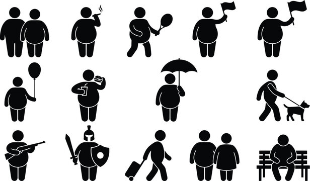 Overweight people icons set featuring various daily activities like walking eating holding objects and traveling in simple black silhouette style