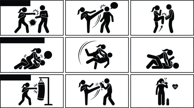 Stick figure icons showing a woman practicing various martial arts fighting techniques and self defense training in black and white