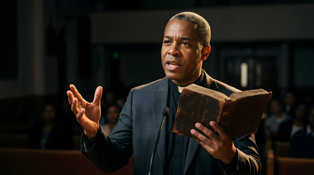 Preacher, Gospel, African American Man holding bible and preaching with hand gesture during a Christian church service, Worship and praise