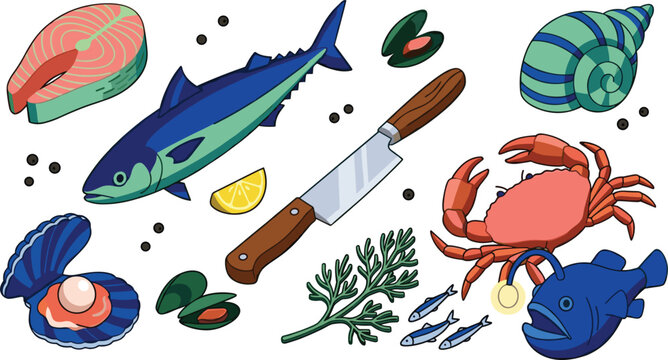 Fresh seafood market cooking illustration set featuring marine life icons like salmon steak tuna whole fish crab anglerfish oyster pearl mussel shell dill and knife