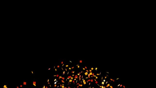 Vibrant multi color confetti explosion isolated burst loop from start full screen covered with falling colorful square foil particles on black background festive celebration motion graphic asset 4k