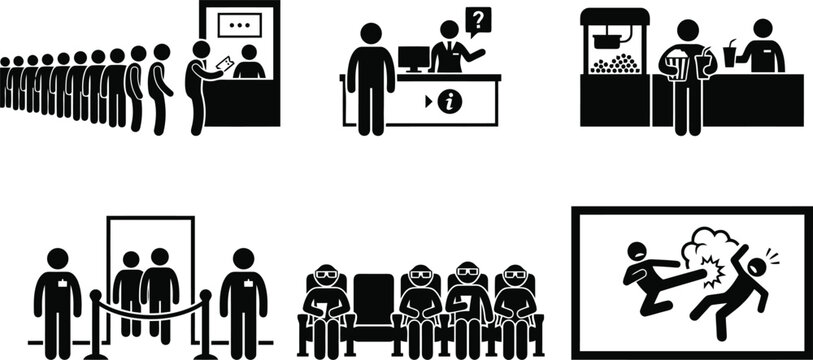 Collection of cinema icons showing people queuing tickets popcorn snacks security check watching movies and martial arts action scenes